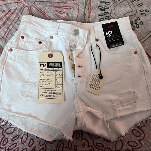 Levi’s Womens 501 white denim shorts rainbow buttons